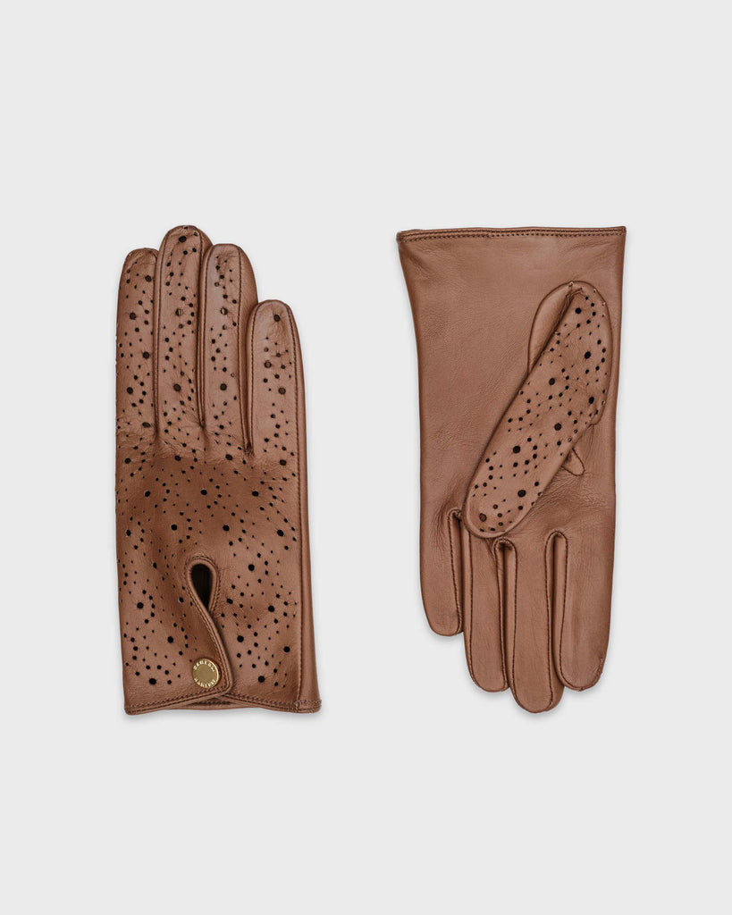 A pair of brown premium Hamerli handmade leather gloves.