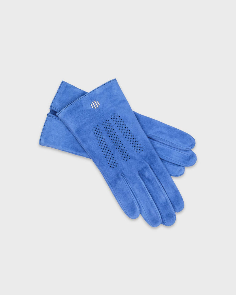 A pair of blue, unlined premium Hamerli handmade leather gloves.