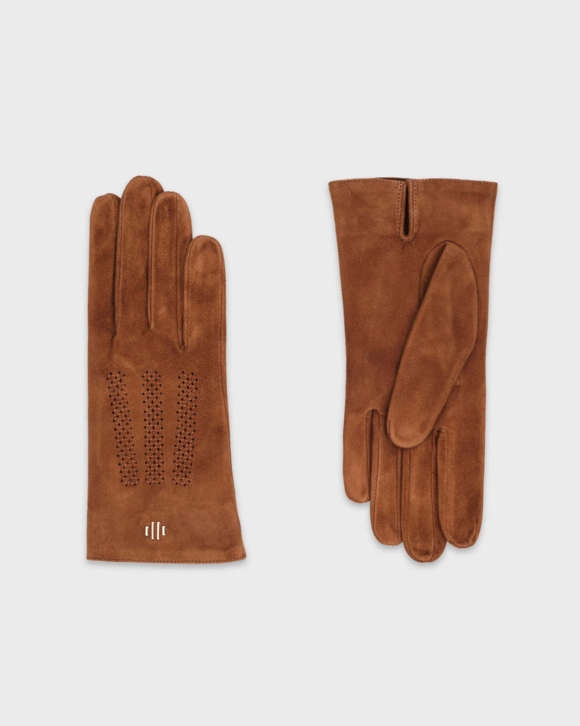 A pair of brown, unlined, suede premium Hamerli handmade leather glove.