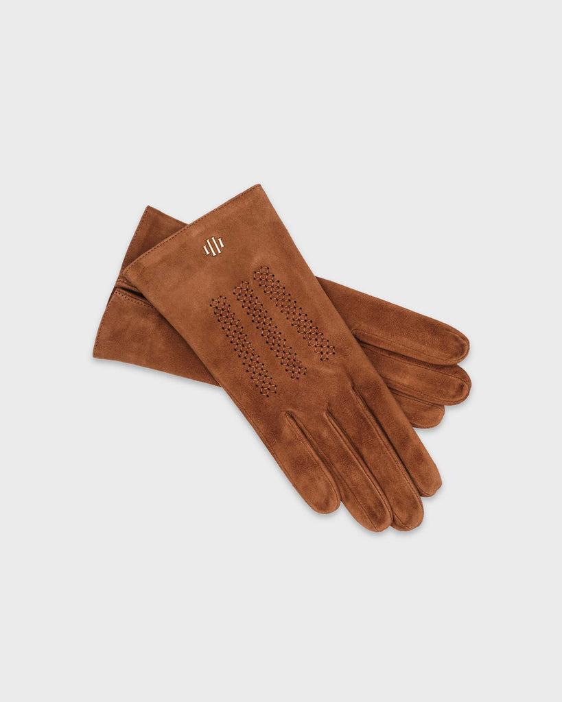 A pair of brown, unlined, suede premium Hamerli handmade leather glove.