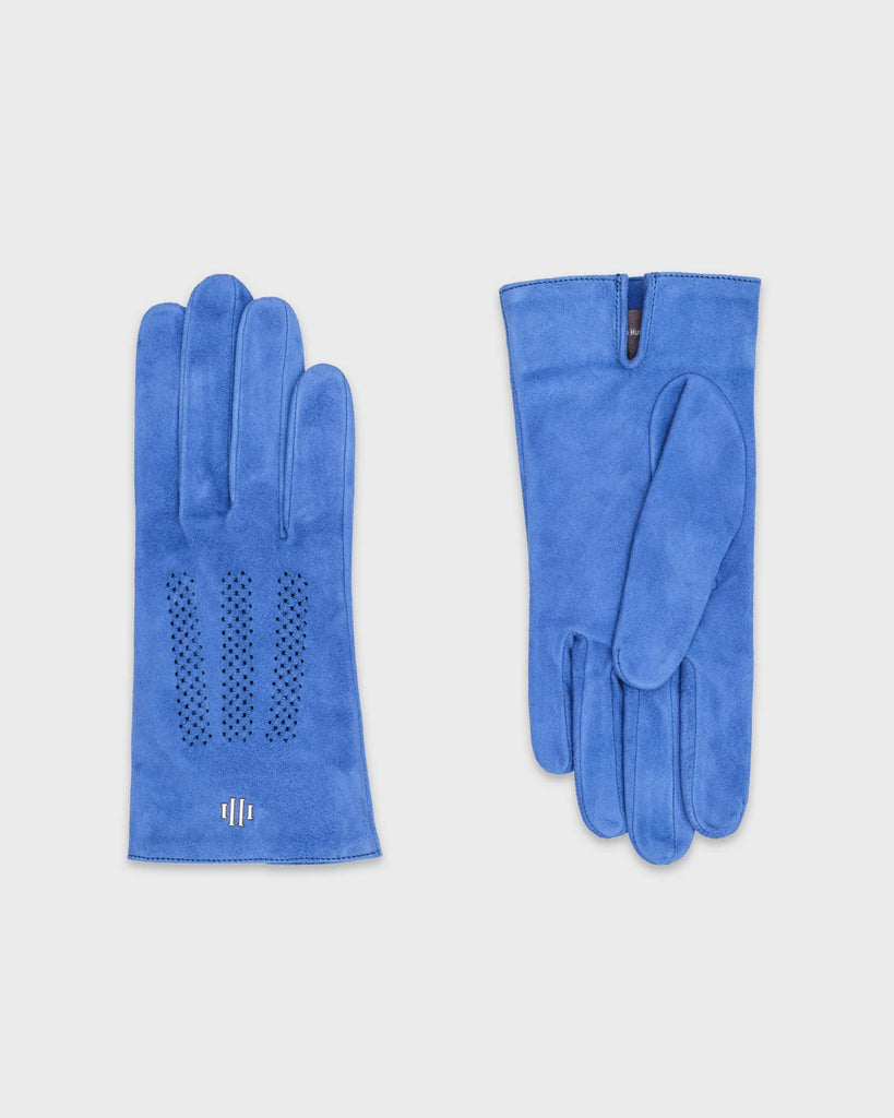 A pair of blue, unlined premium Hamerli handmade leather gloves.